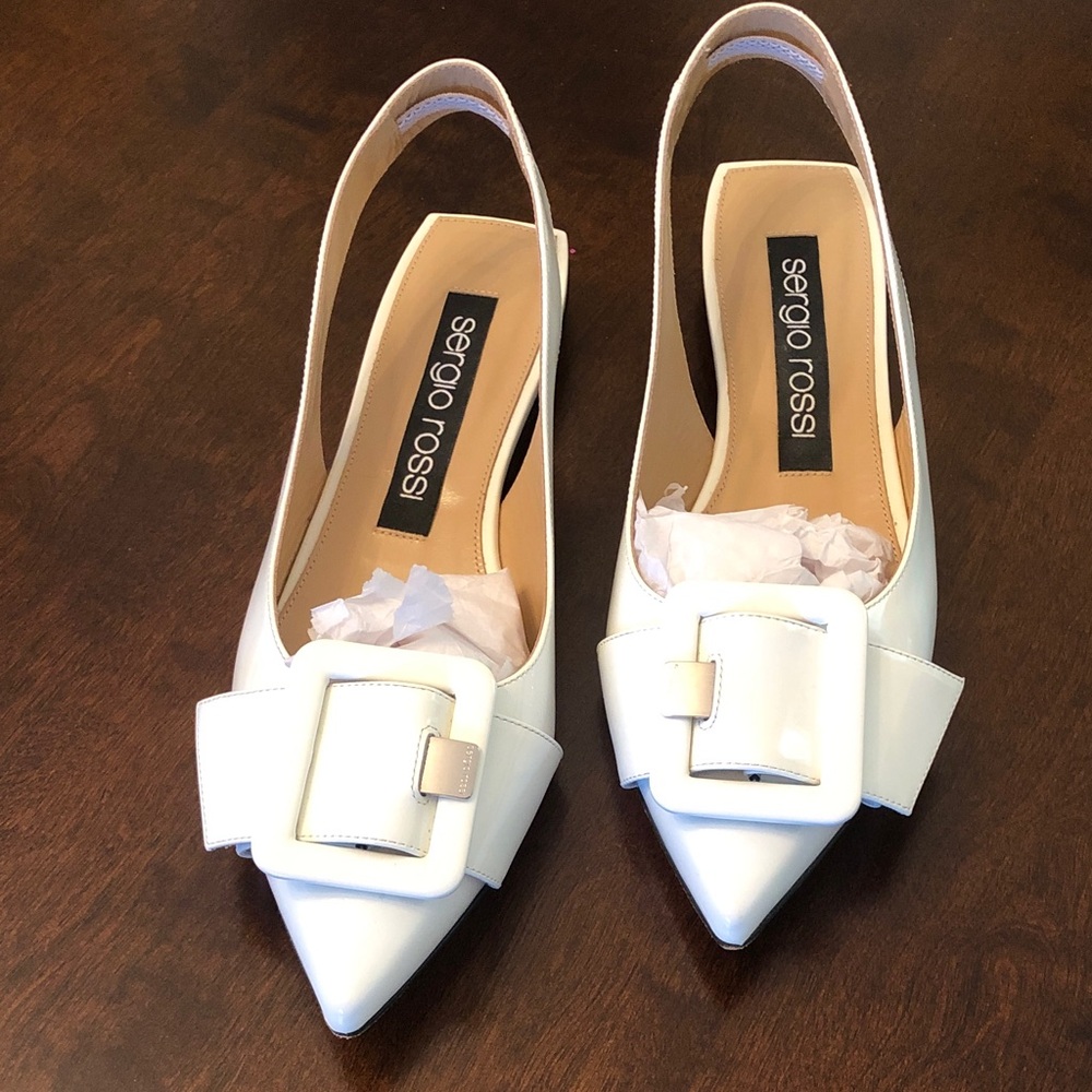 Sergio Rossi White Pointed Slingback Flats with Buckle